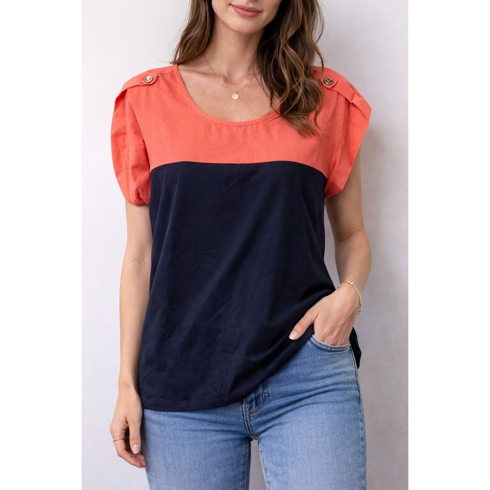The Arte by Zenana Colorblock Blouse Womens Small Coral Navy‎ Gold Button Accent
